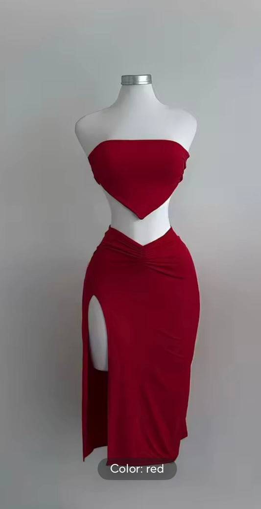 sexy slit strapless solid color half skirt fashion set